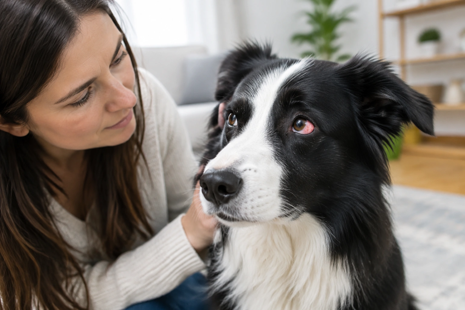 Dog with bloodshot eye being checked for redness and swelling
