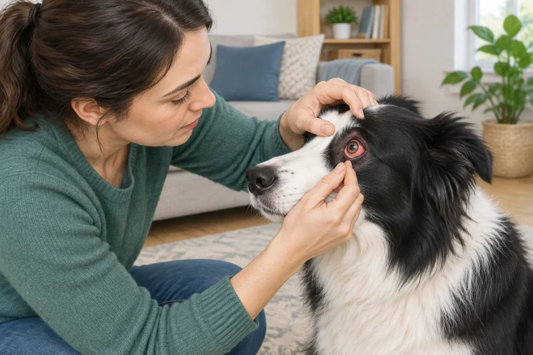 Border Collie with a bloodshot eye being checked by an owner
