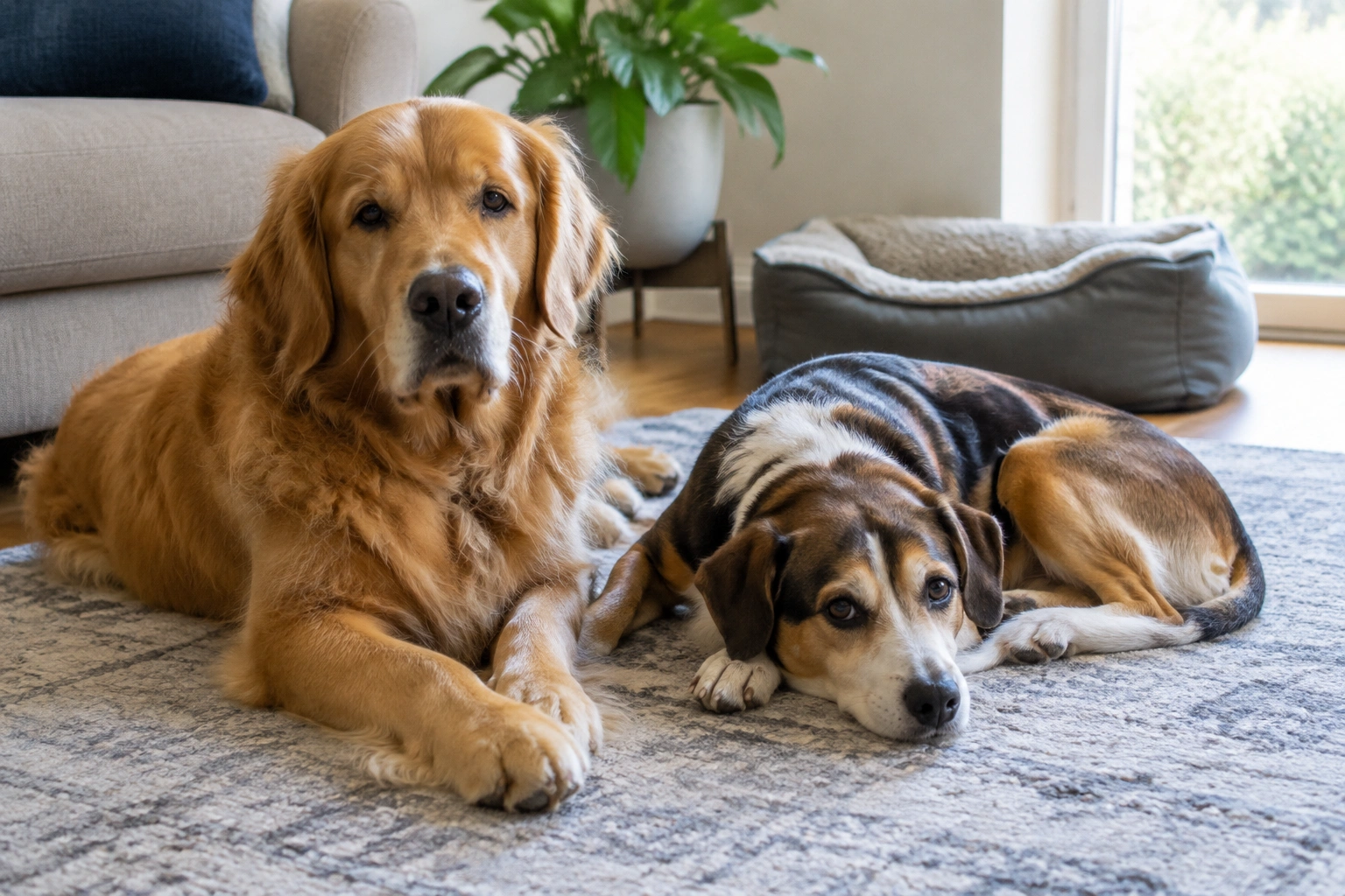Two dogs resting calmly near each other in a home setting