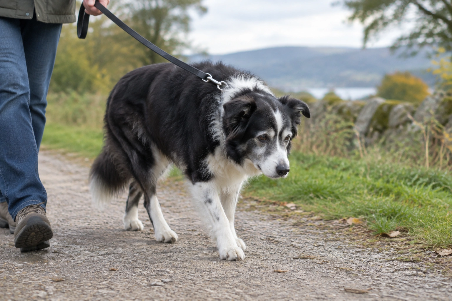 Border Collie showing subtle senior aging signs like stiffness and slower movement
