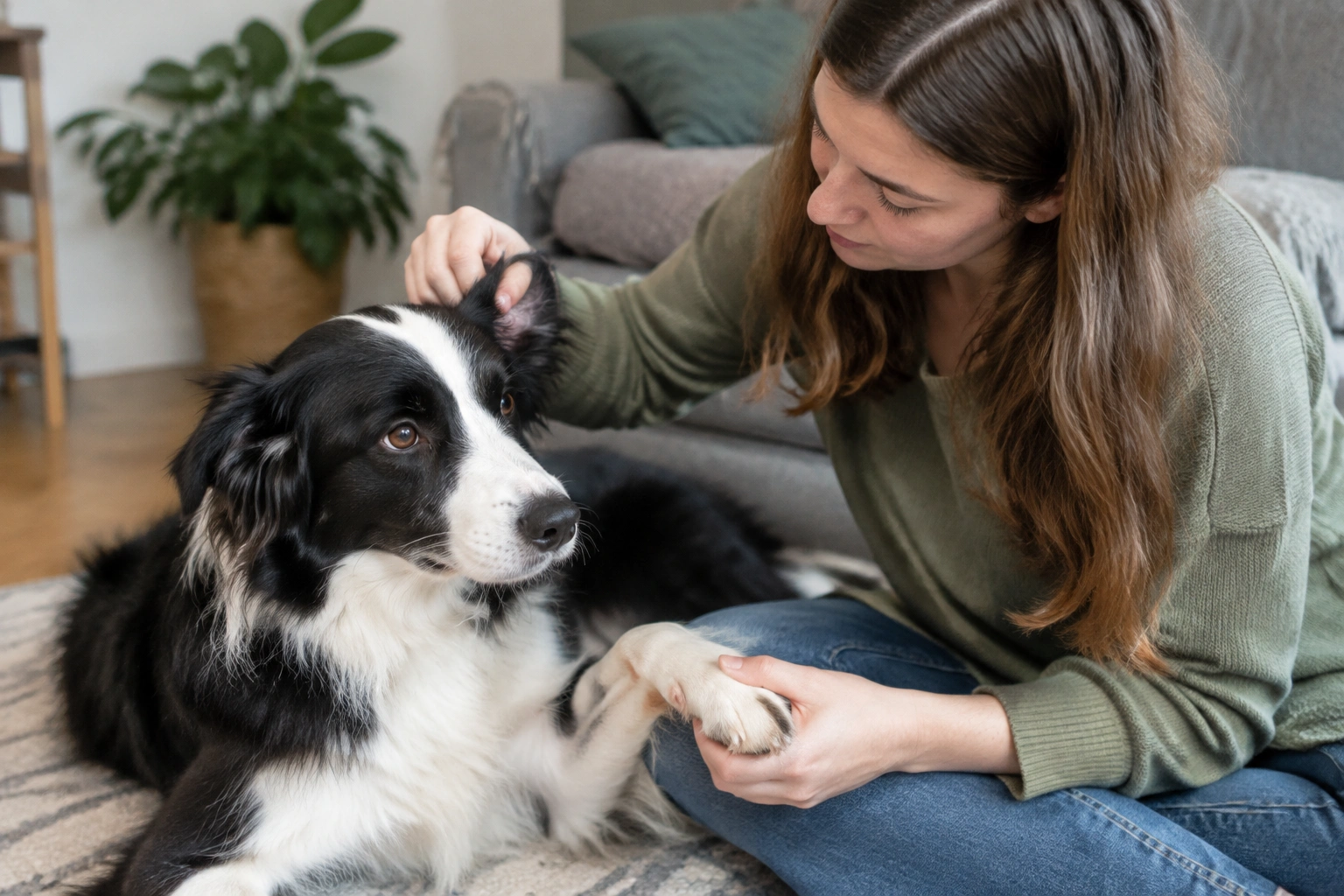 Border Collie owner checking a dog’s ears and paws for allergy signs