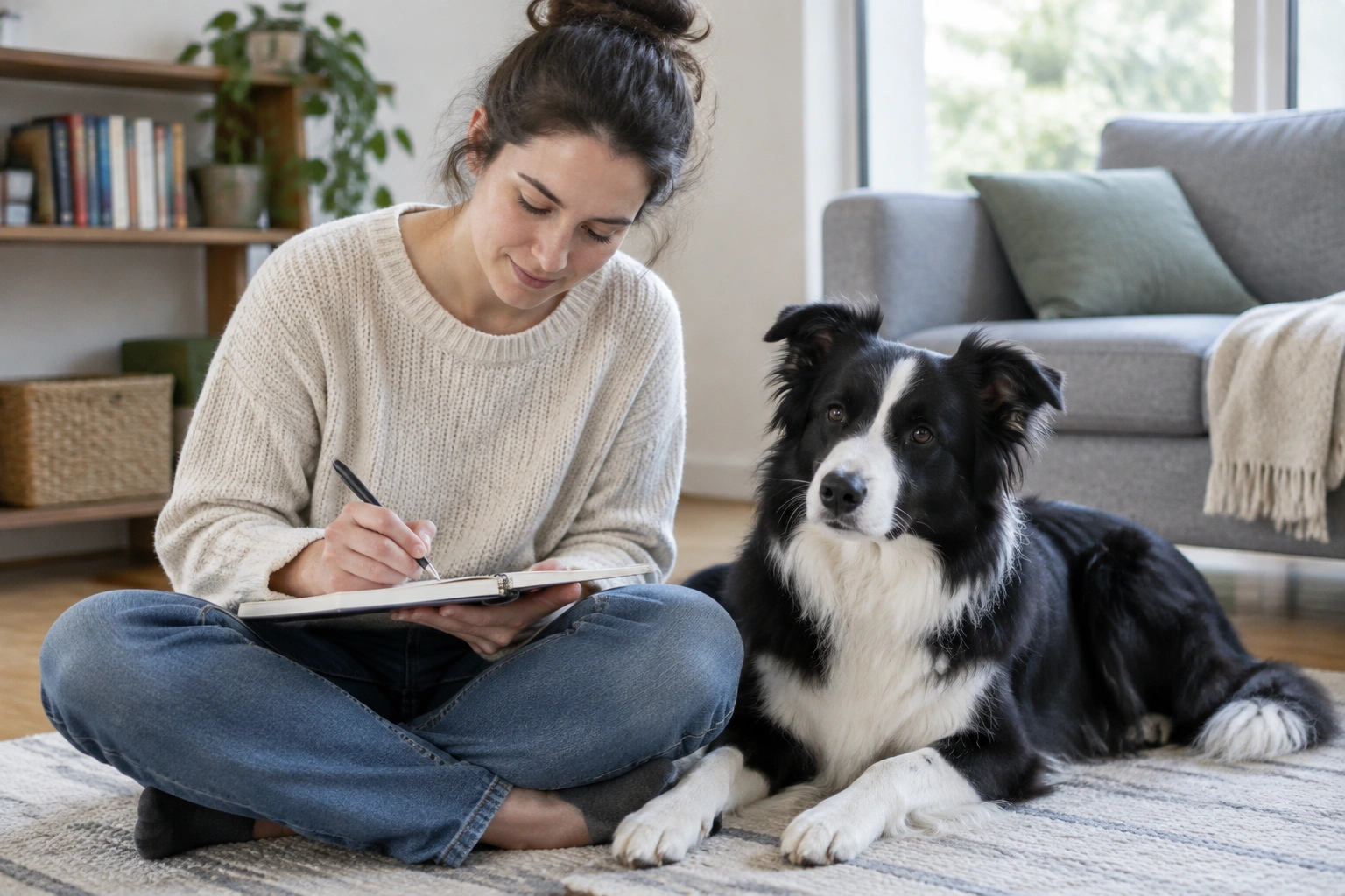Dog owner comparing symptoms on a notepad beside a calm Border Collie