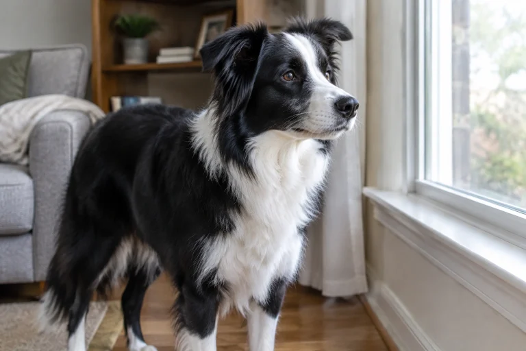Border Collie barking near a window while alert