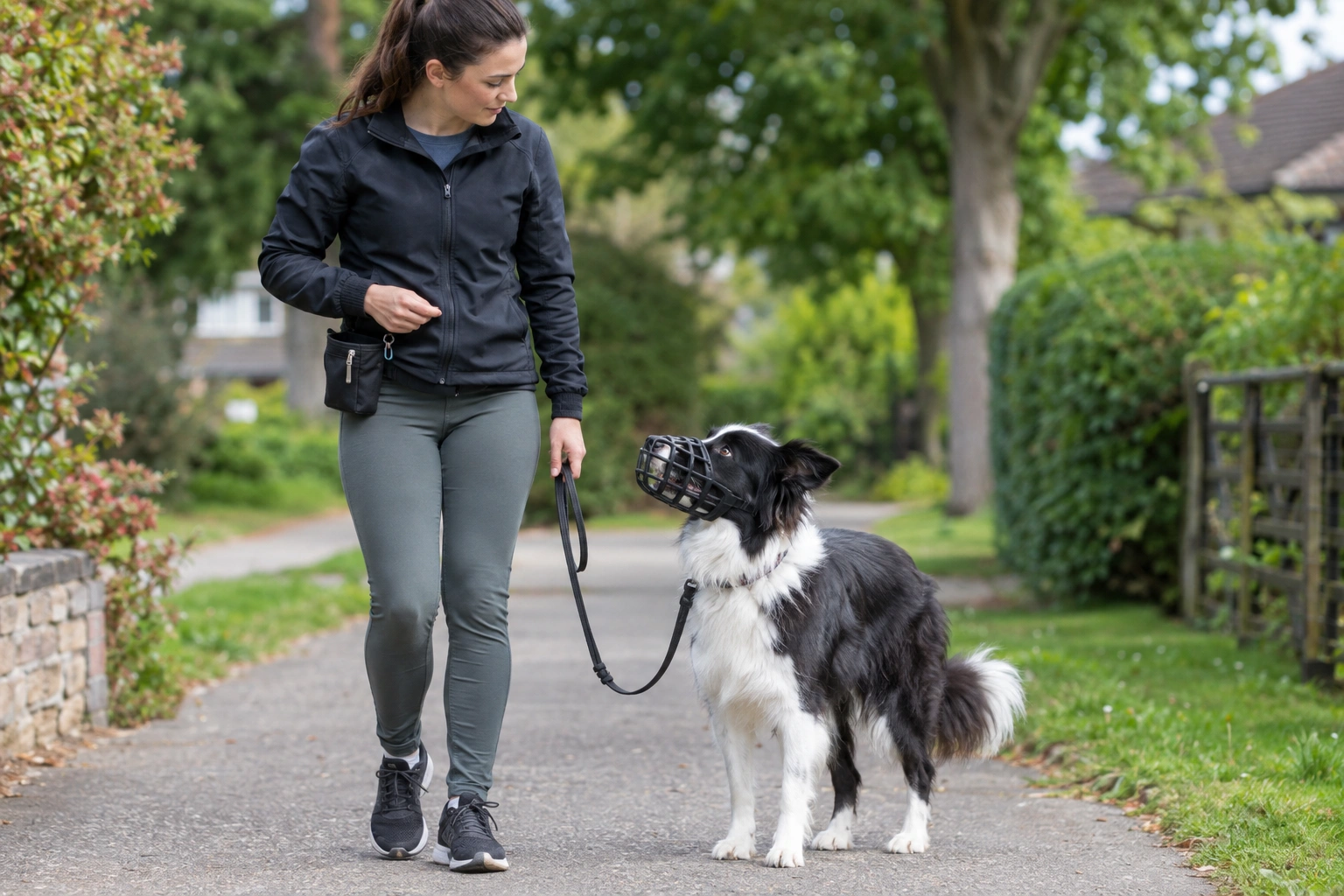 Border Collie wearing a properly fitted basket muzzle on a walk