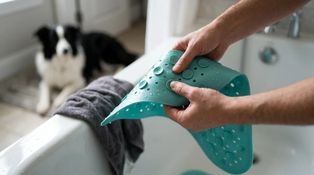 Owner inspecting suction cups underneath a teal Border Collie bath mat after cleaning it.
