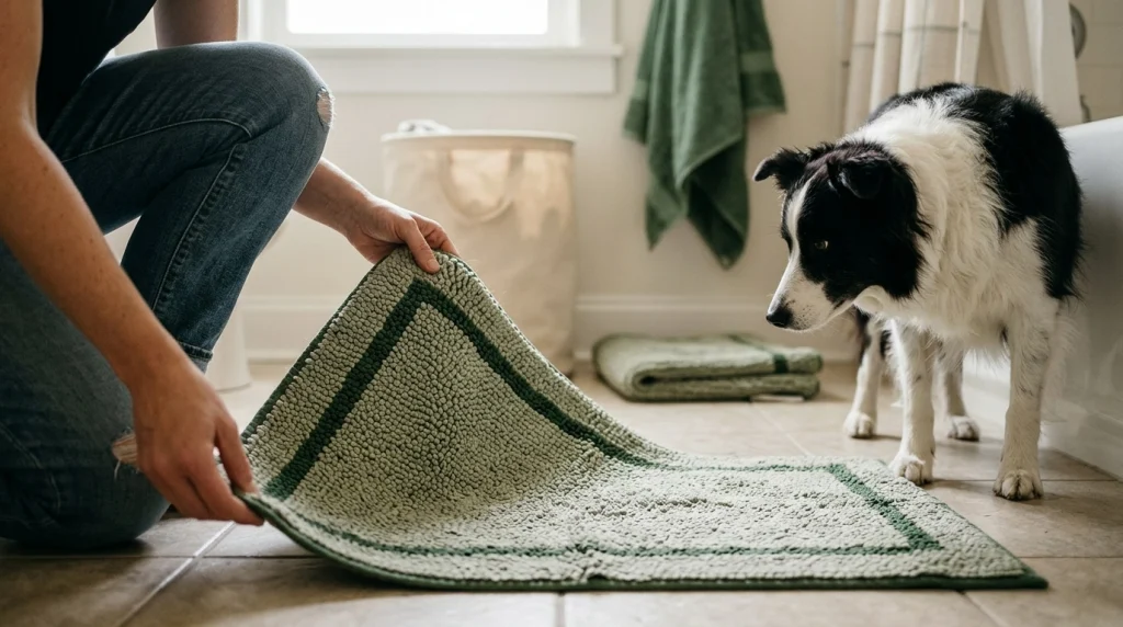 Border Collie beside an absorbent bath mat during a bathroom cleaning routine.
