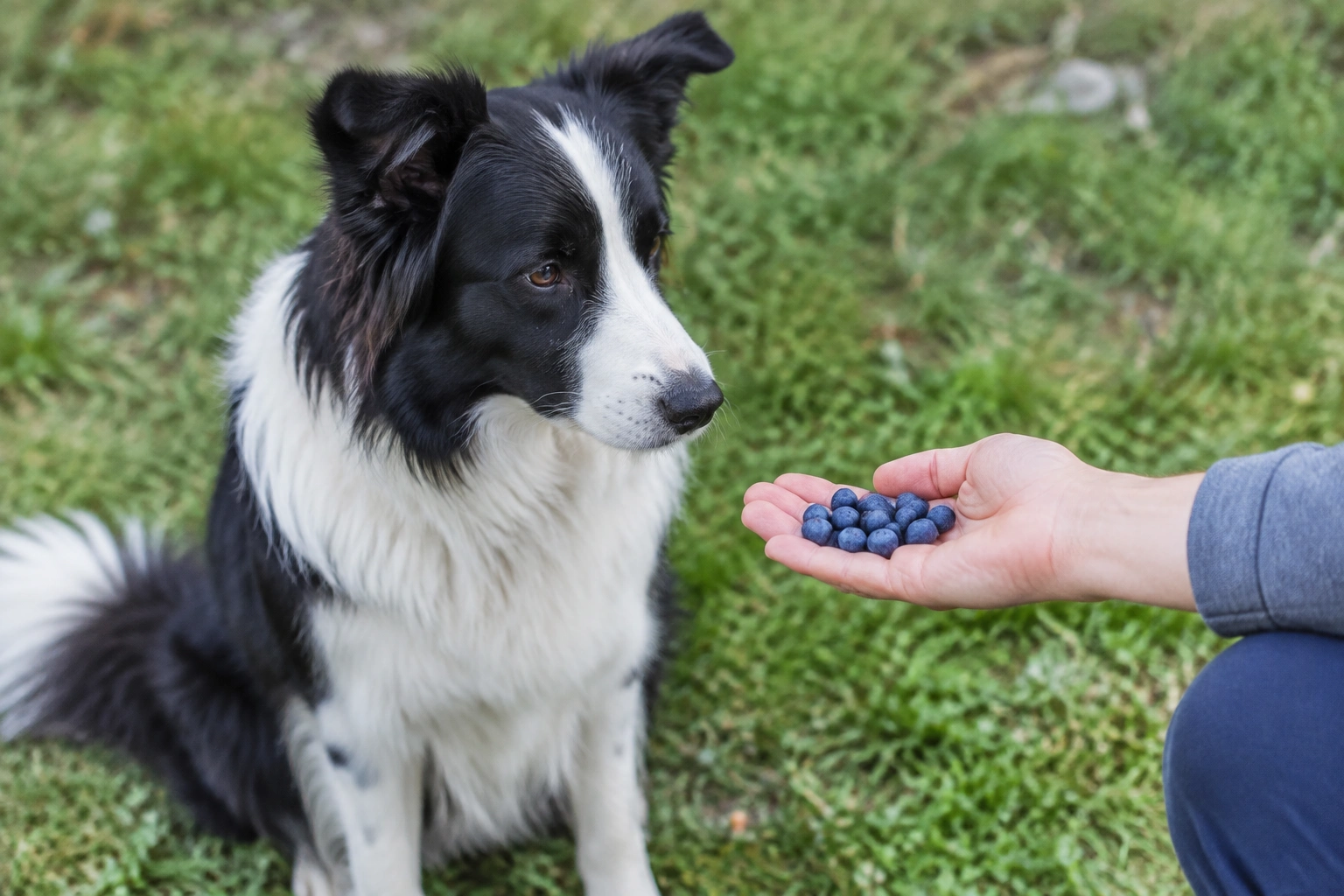 Border Collie being offered a few plain blueberries