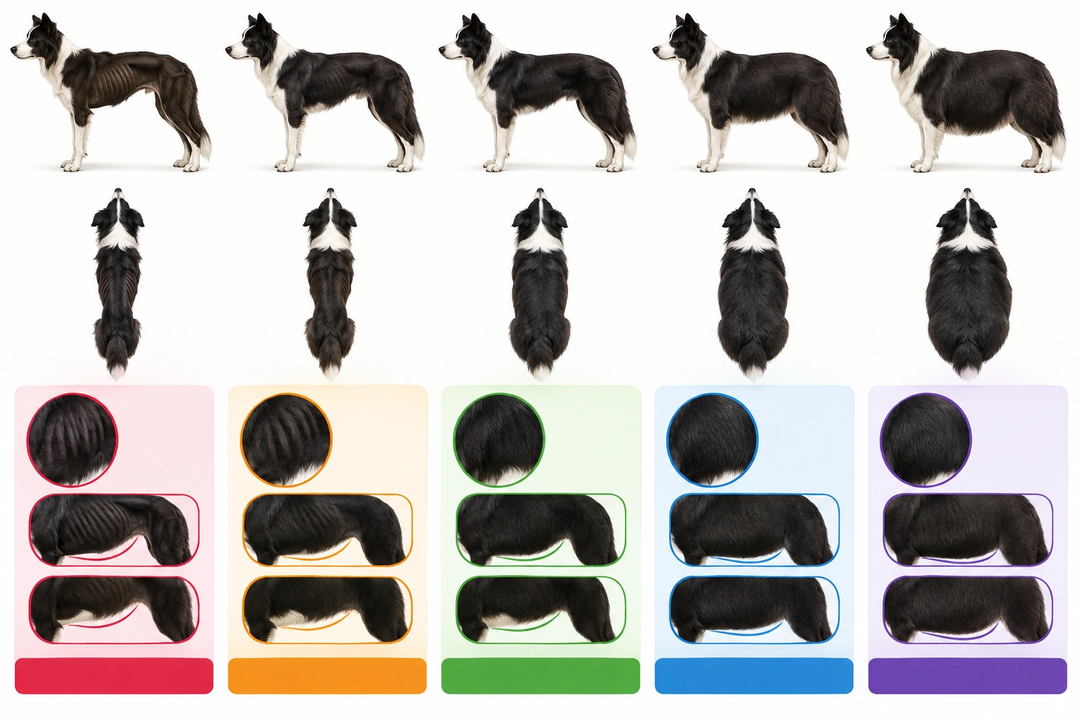 Border Collie body condition score guide showing ribs waist and tuck-up