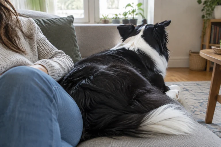 Border Collie sleeping with its bum facing its owner on a couch