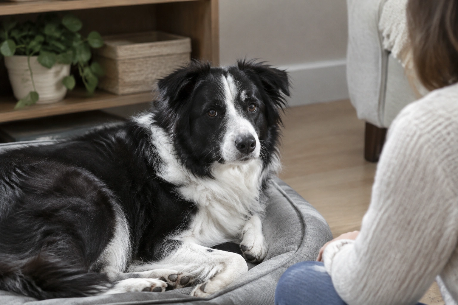 Border Collie sleeping with back toward owner on a bed