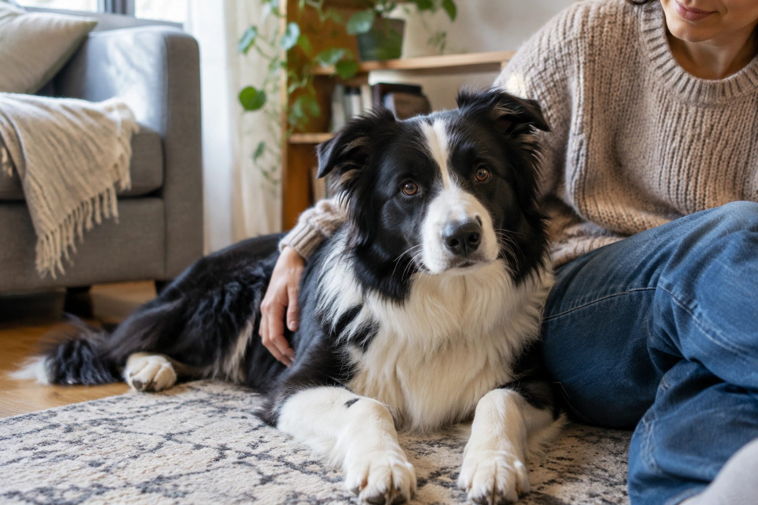 Border Collie resting calmly beside owner