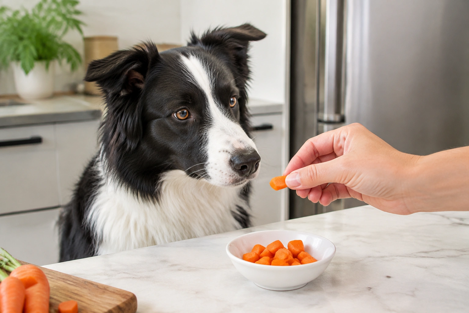 Border Collie eating small chopped carrot pieces