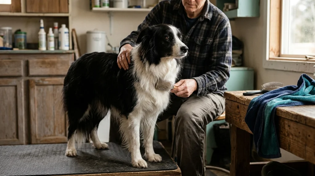 Owner gently brushing a Border Collie's coat with a pin brush in a home grooming area.