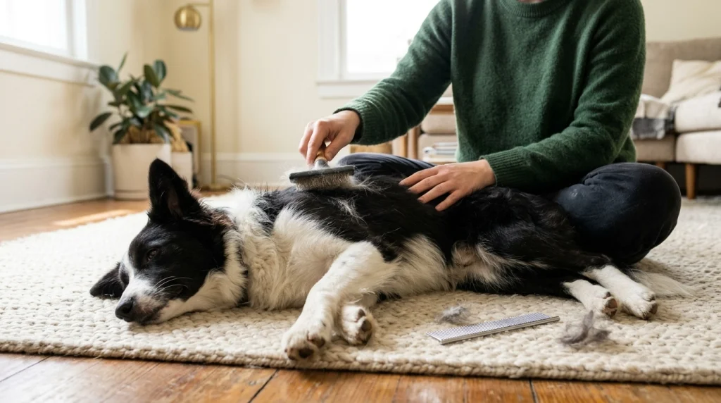 Owner gently brushing a Border Collie during its coat transition at home