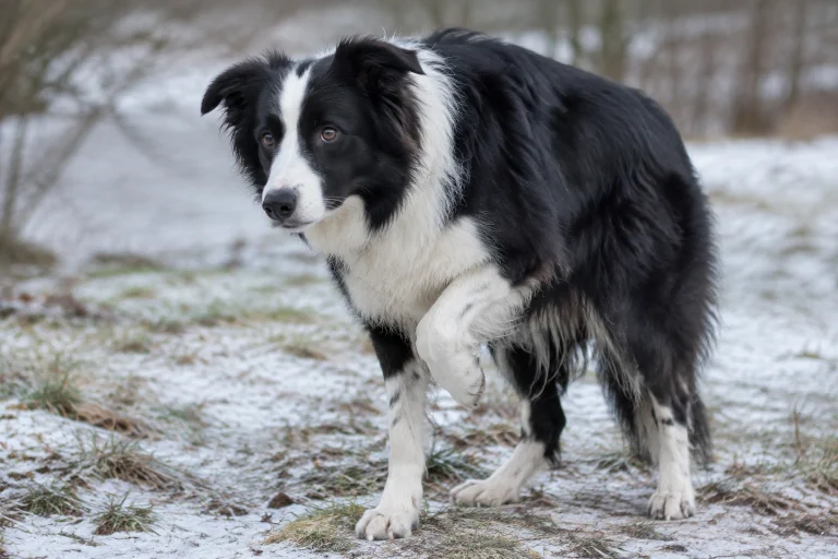 Border Collie lifting its paws in cold weather