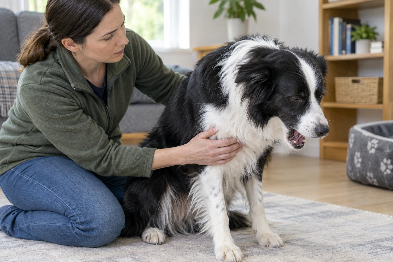 Border Collie owner checking a coughing and gagging dog