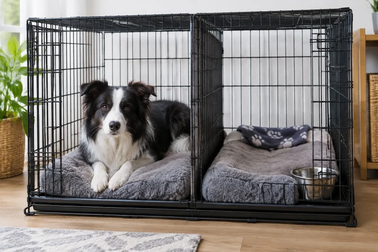 Border Collie in a properly sized kennel with divider