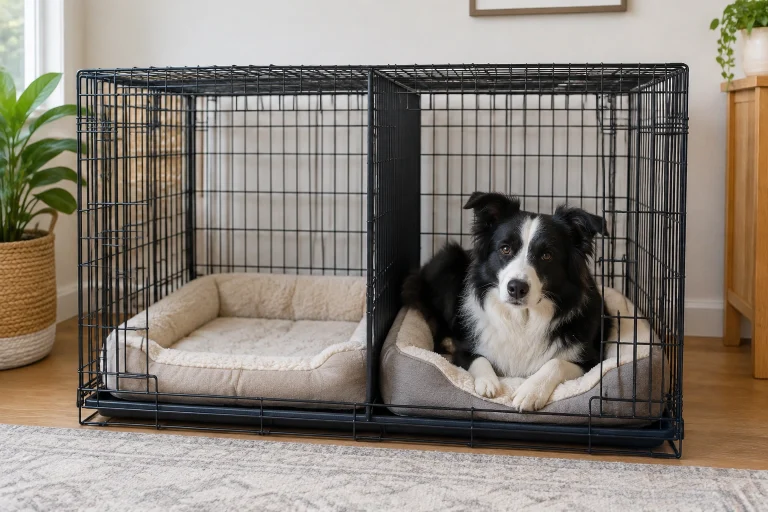 Border Collie resting in a properly sized crate with a divider