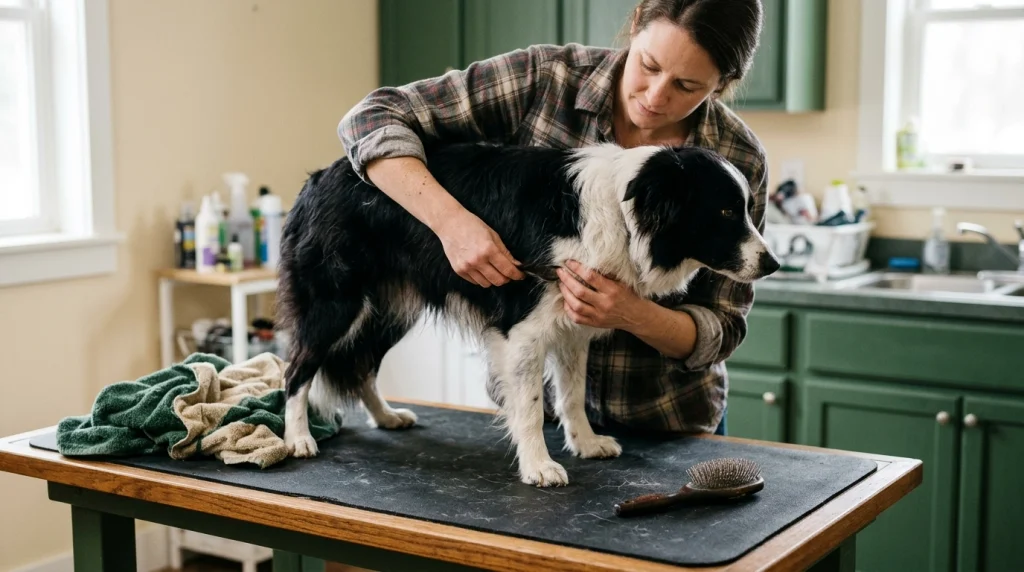 Owner carefully inspecting a slightly damp section of a Border Collie’s coat before brushing.