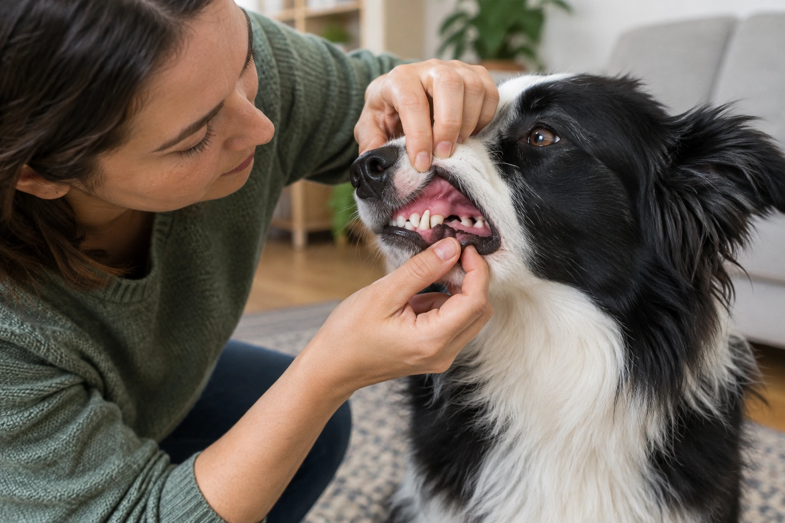 Dog owner checking a Border Collie’s gums for dehydration