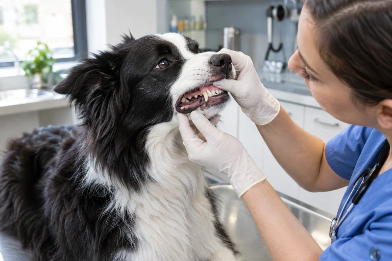 Veterinarian checking a Border Collie’s teeth and gums