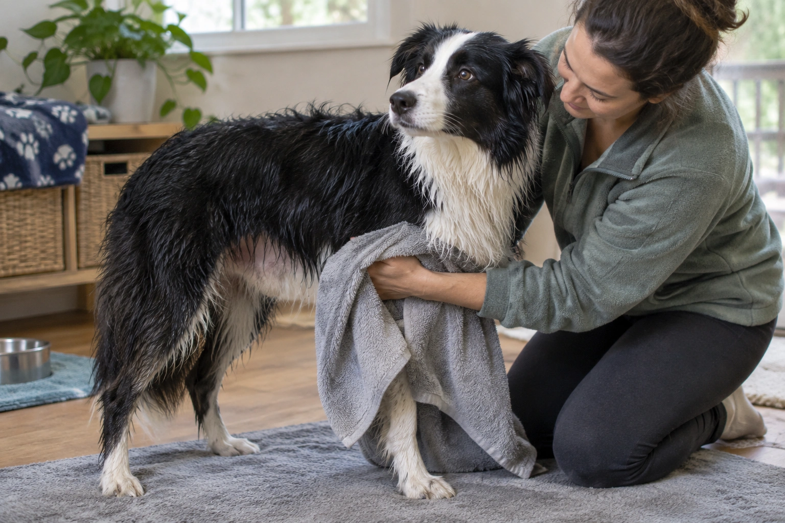 Owner gently drying a dog’s coat after swimming to reduce heat rash risk