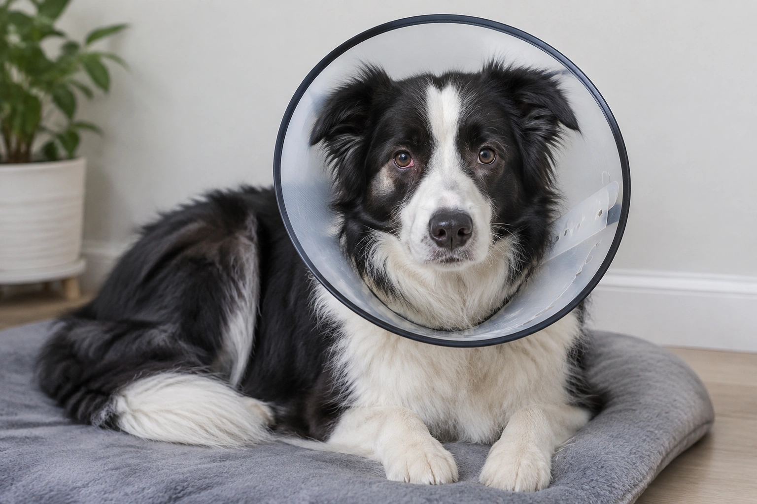 Dog wearing an e-collar after eye irritation