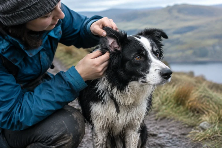 Border Collie owner checking a dog’s ear after a muddy hike