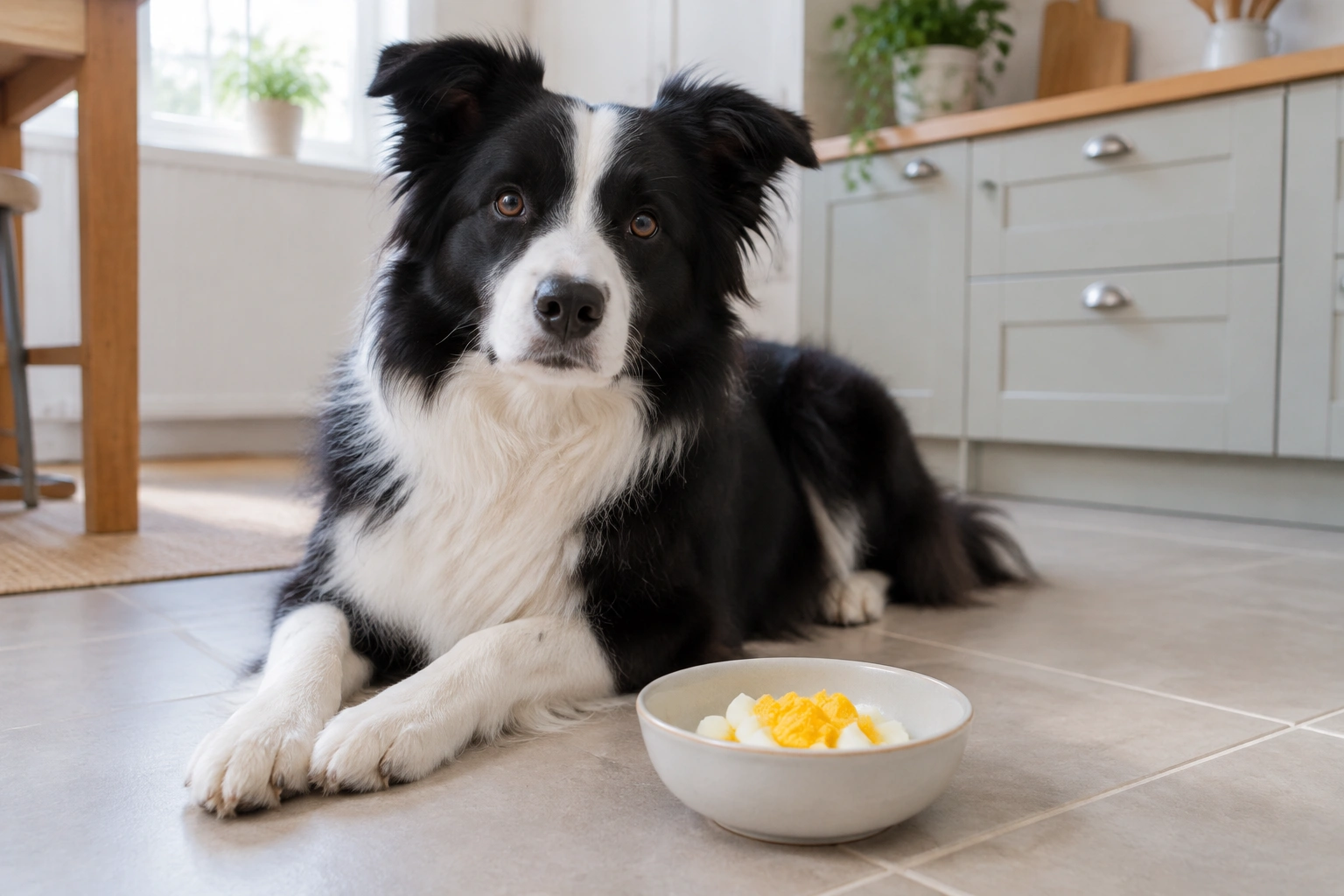Border Collie eating plain cooked egg as an occasional treat