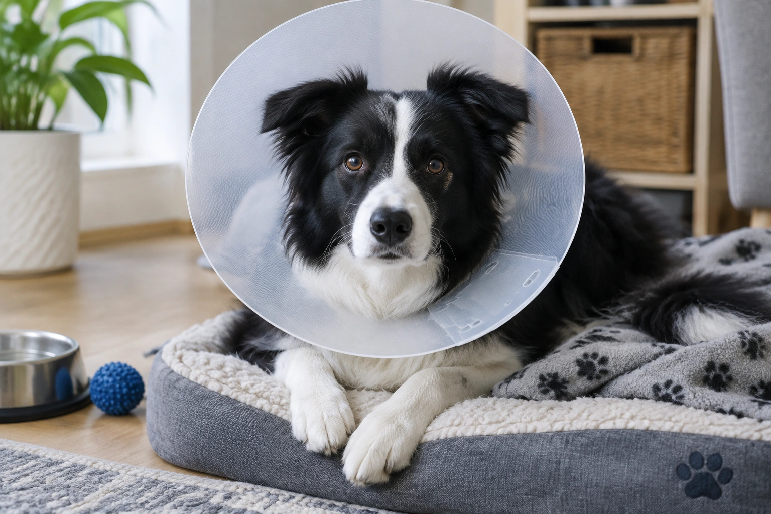 Dog wearing an Elizabethan collar to prevent eye rubbing