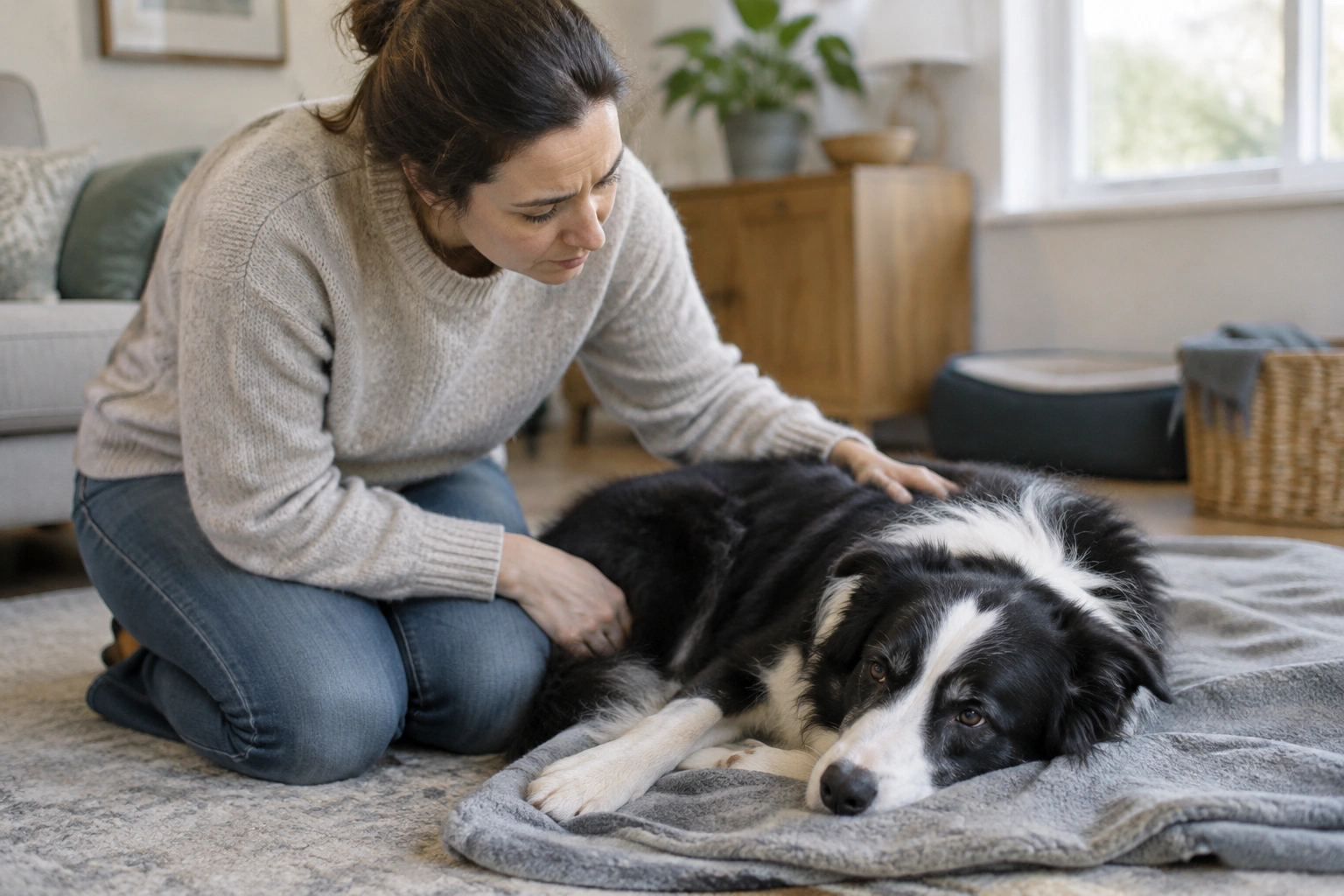 Concerned dog owner checking on a weak Border Collie at home