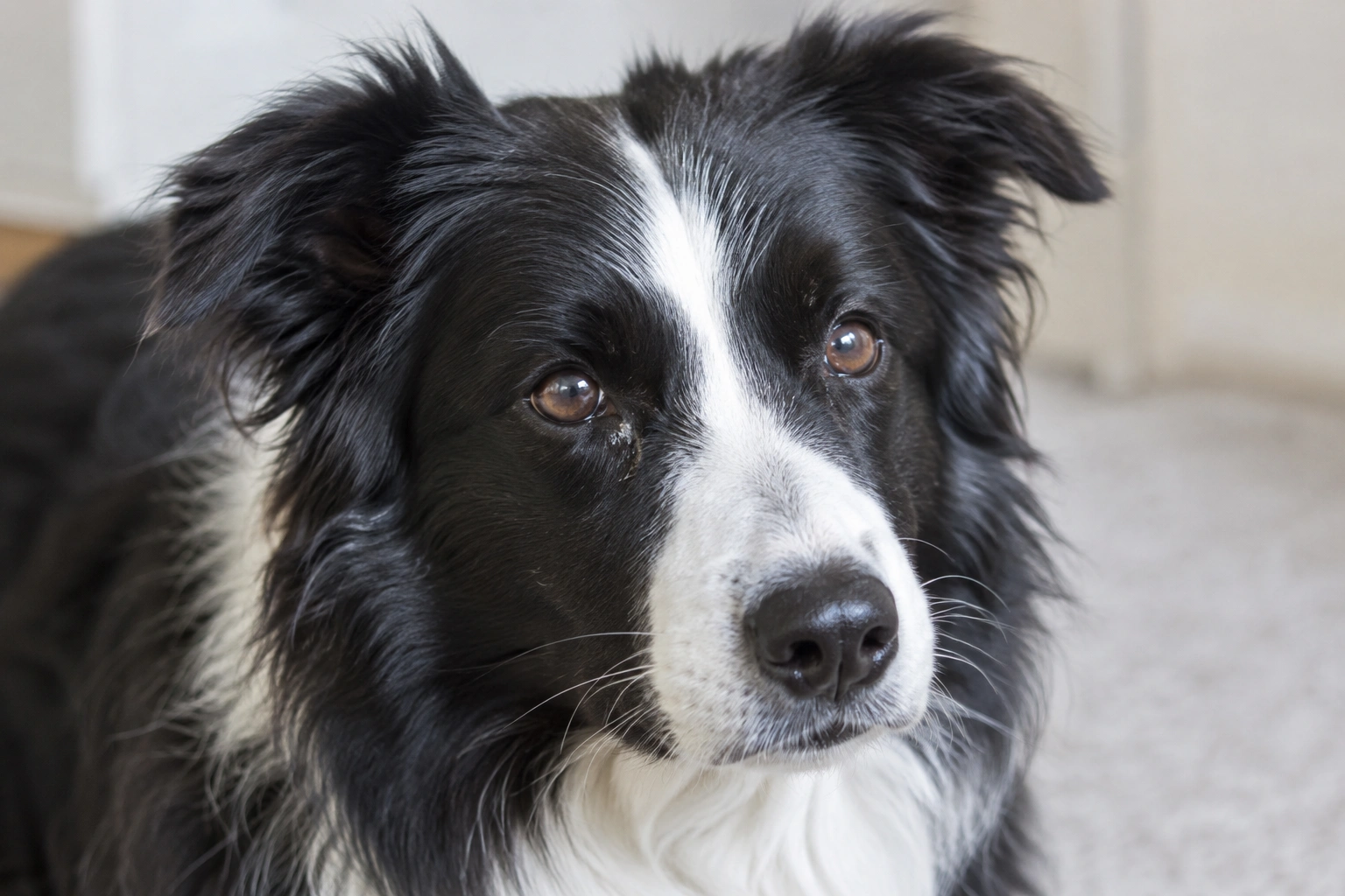Border Collie with slight eye crust in the corner of one eye