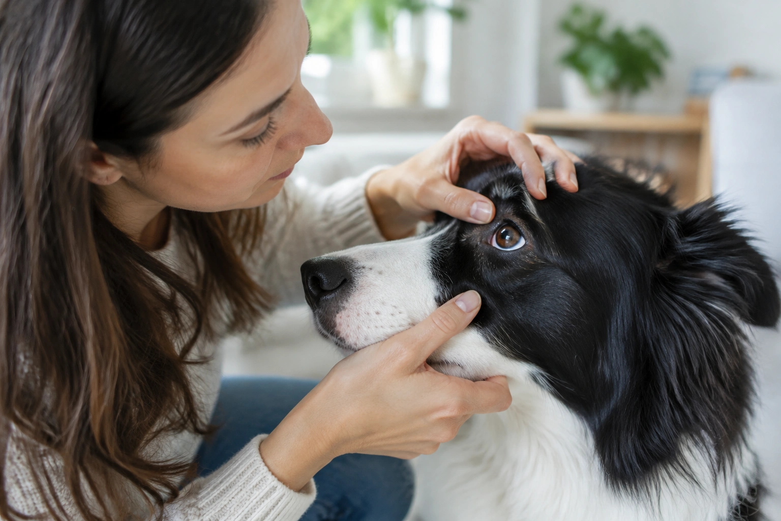 Border Collie with mild eye discharge being checked by owner
