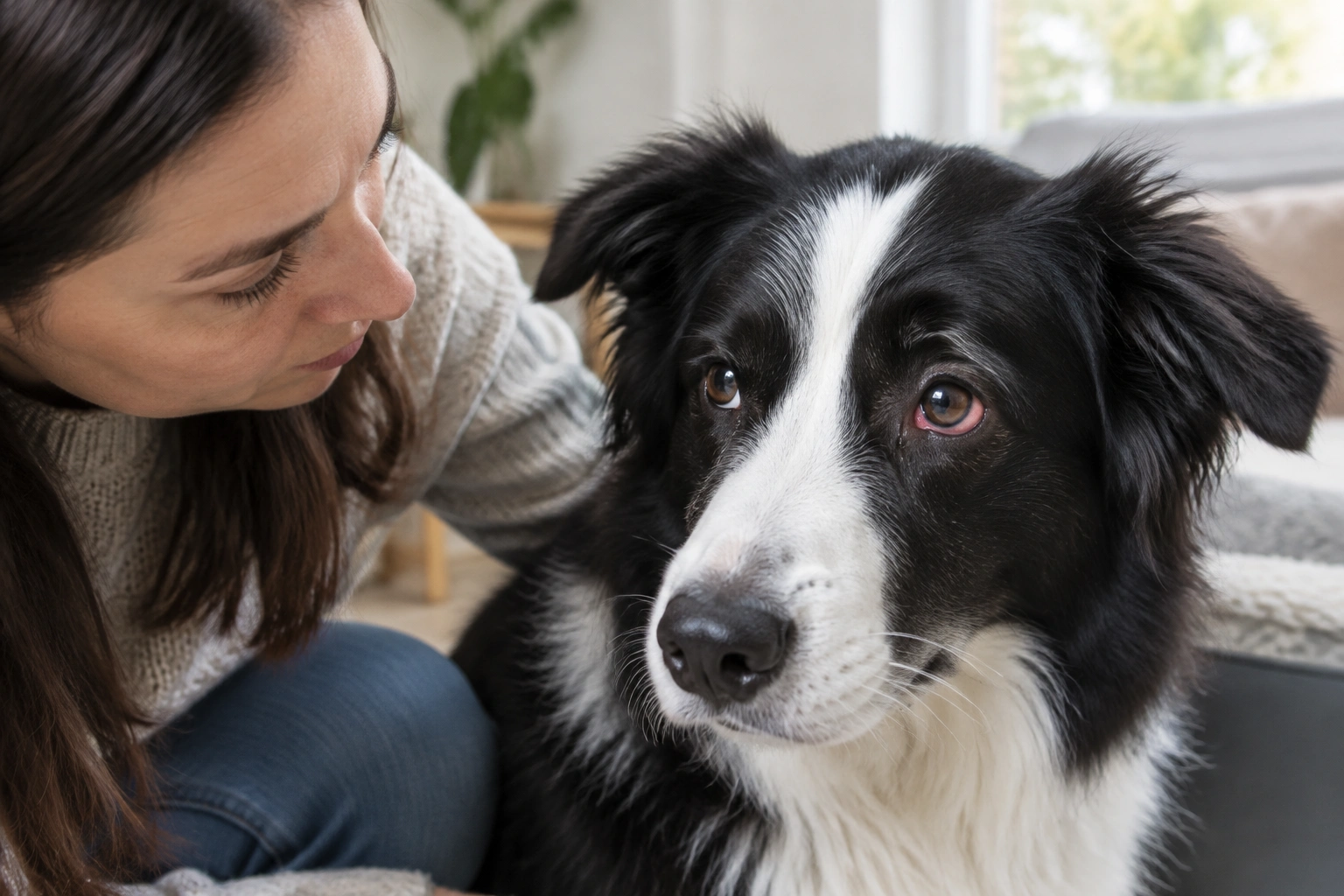 Border Collie with mild eye irritation being watched at home