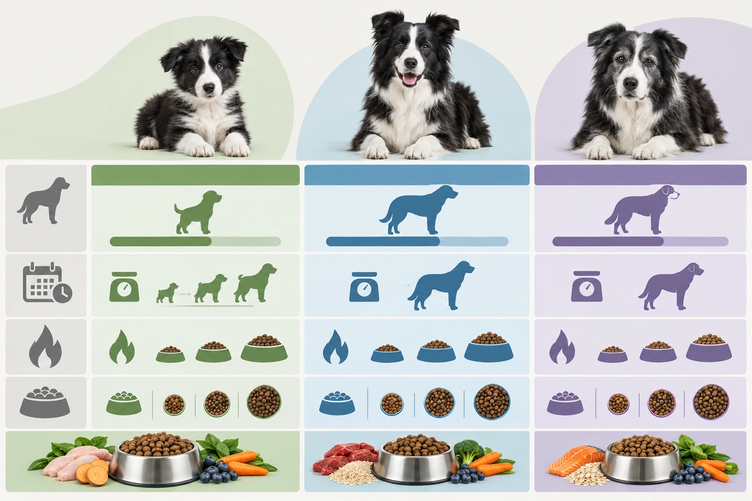 Border Collie feeding chart showing daily calories and portion ranges by life stage