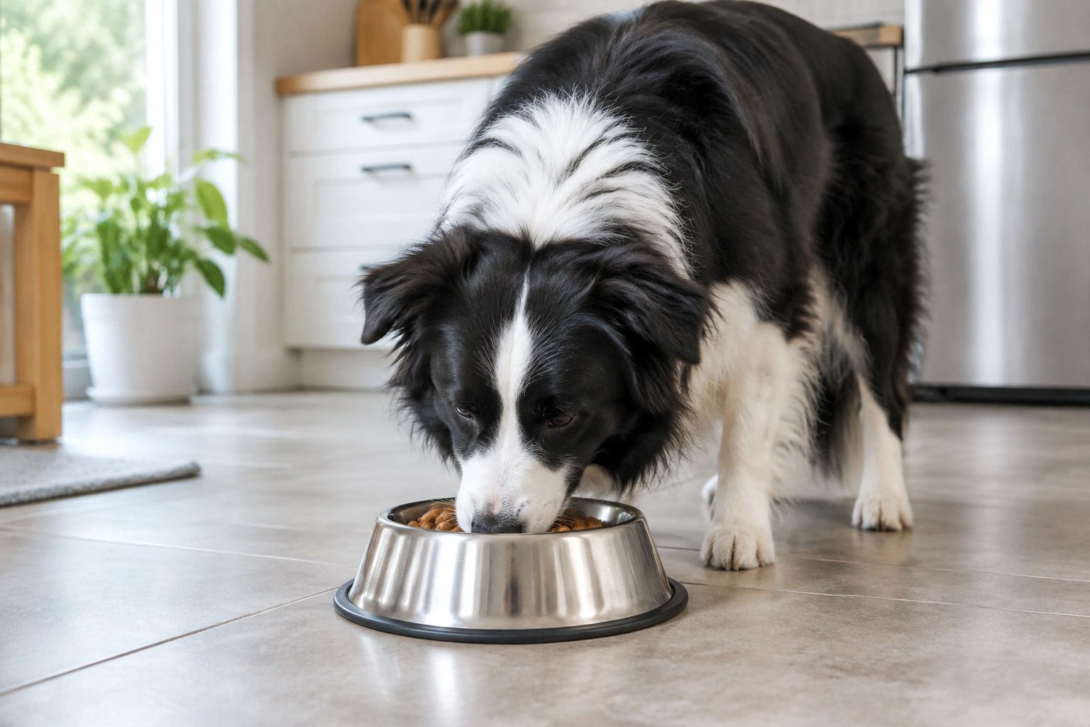 Border Collie eating from a bowl at home