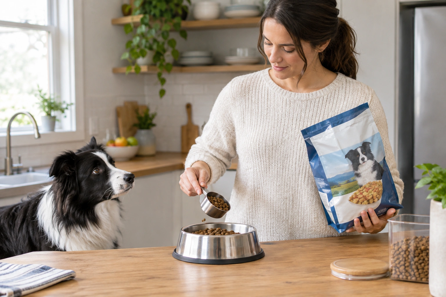 Border Collie owner reading a dog food label and measuring portions