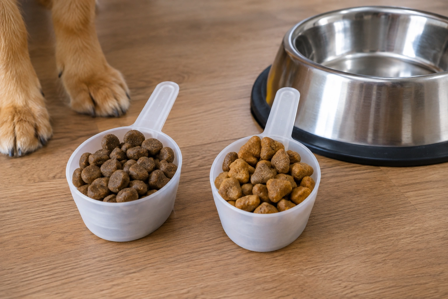 Measuring old and new dog food portions for a Border Collie