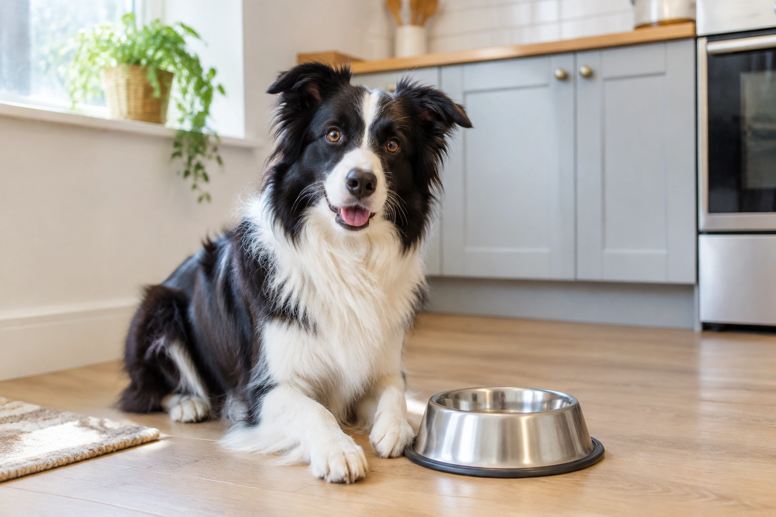Border Collie eating from a food bowl during a gradual diet transition