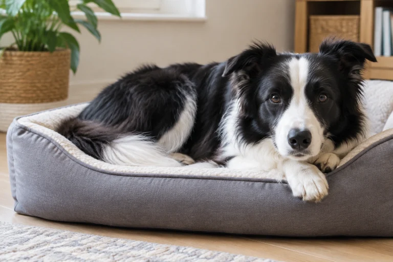 Border Collie resting quietly during heat cycle