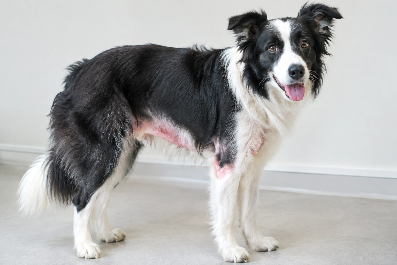 Border Collie with mild red skin irritation on the belly and armpit area