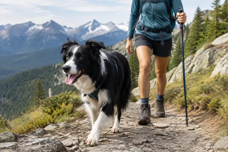Border Collie hiking outdoors with owner