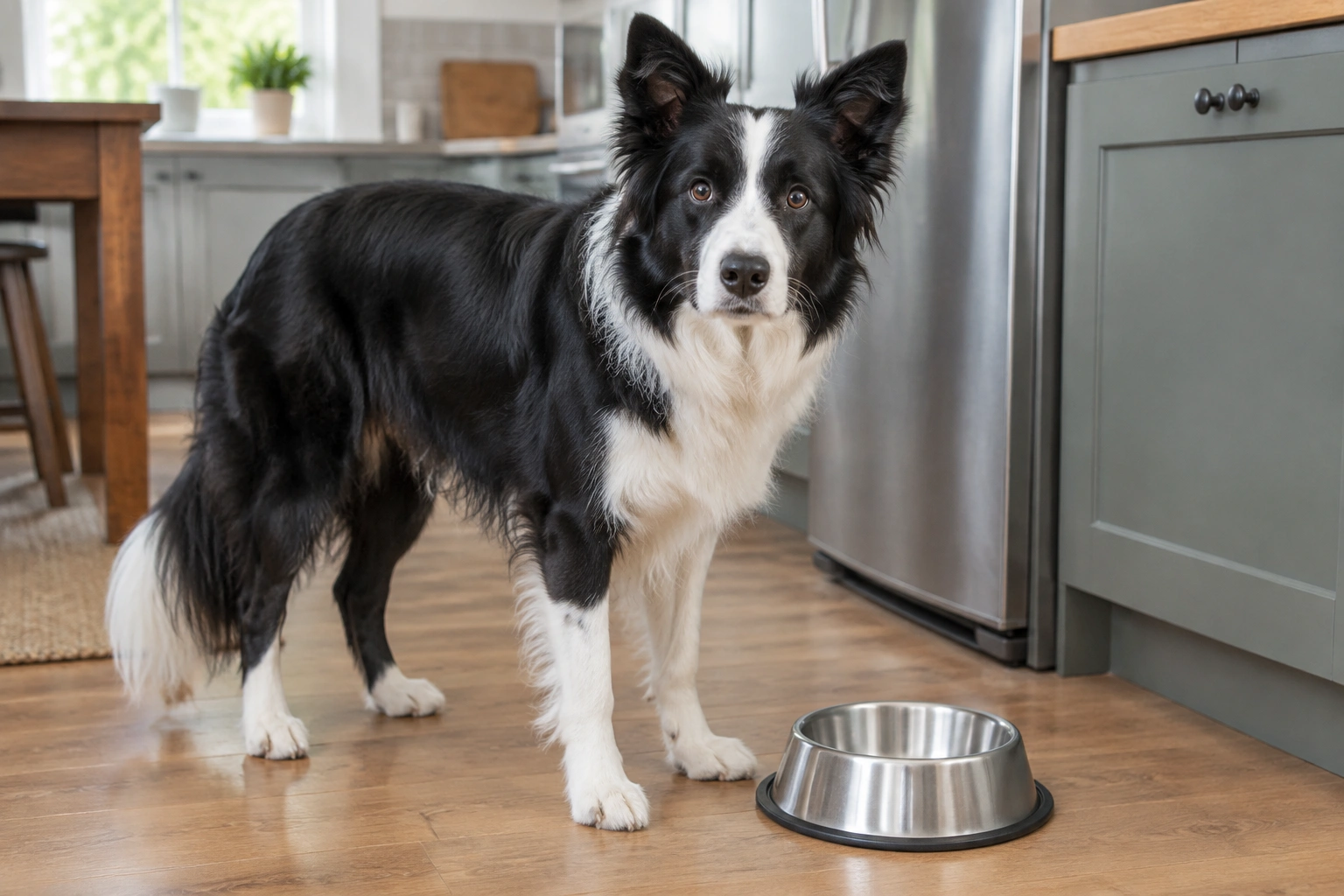 Border Collie begging near a food bowl