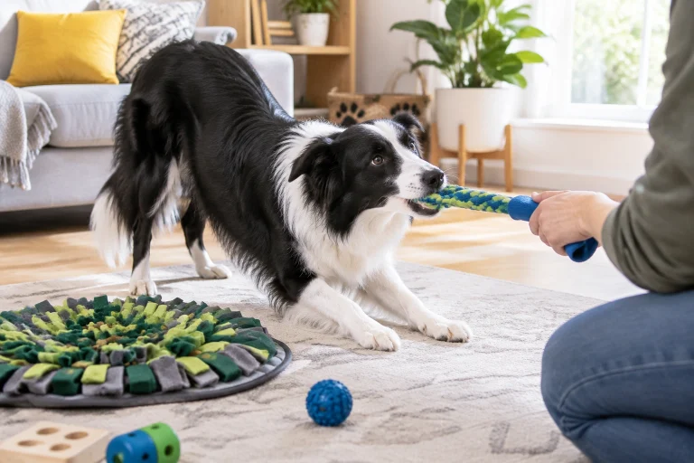 Border Collie doing indoor exercise with a handler during hot weather