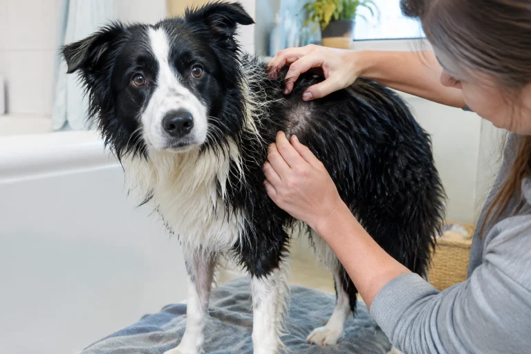 Border Collie being gently checked for itchy skin after a bath