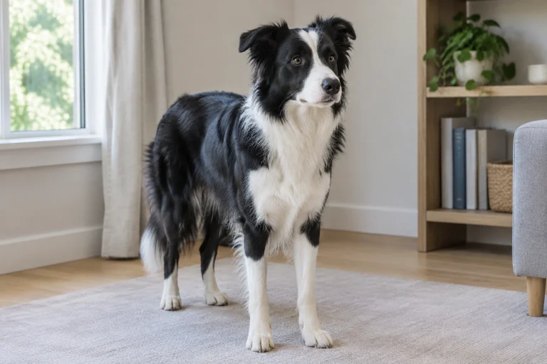 Border Collie looking around alertly in a room
