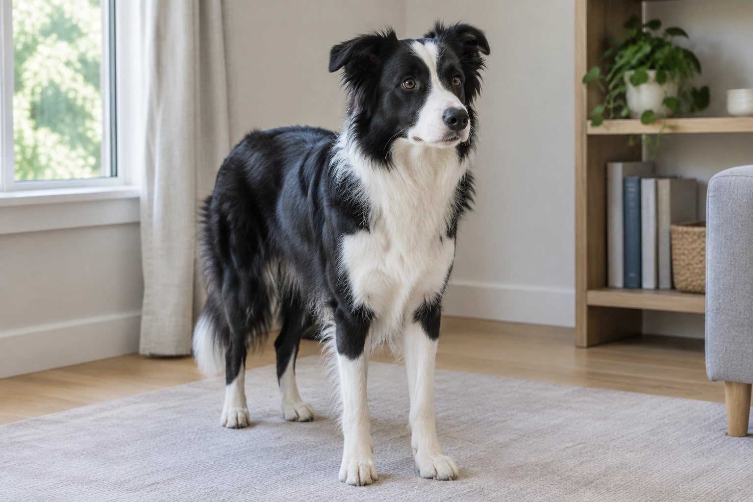 Border Collie looking around alertly in a room