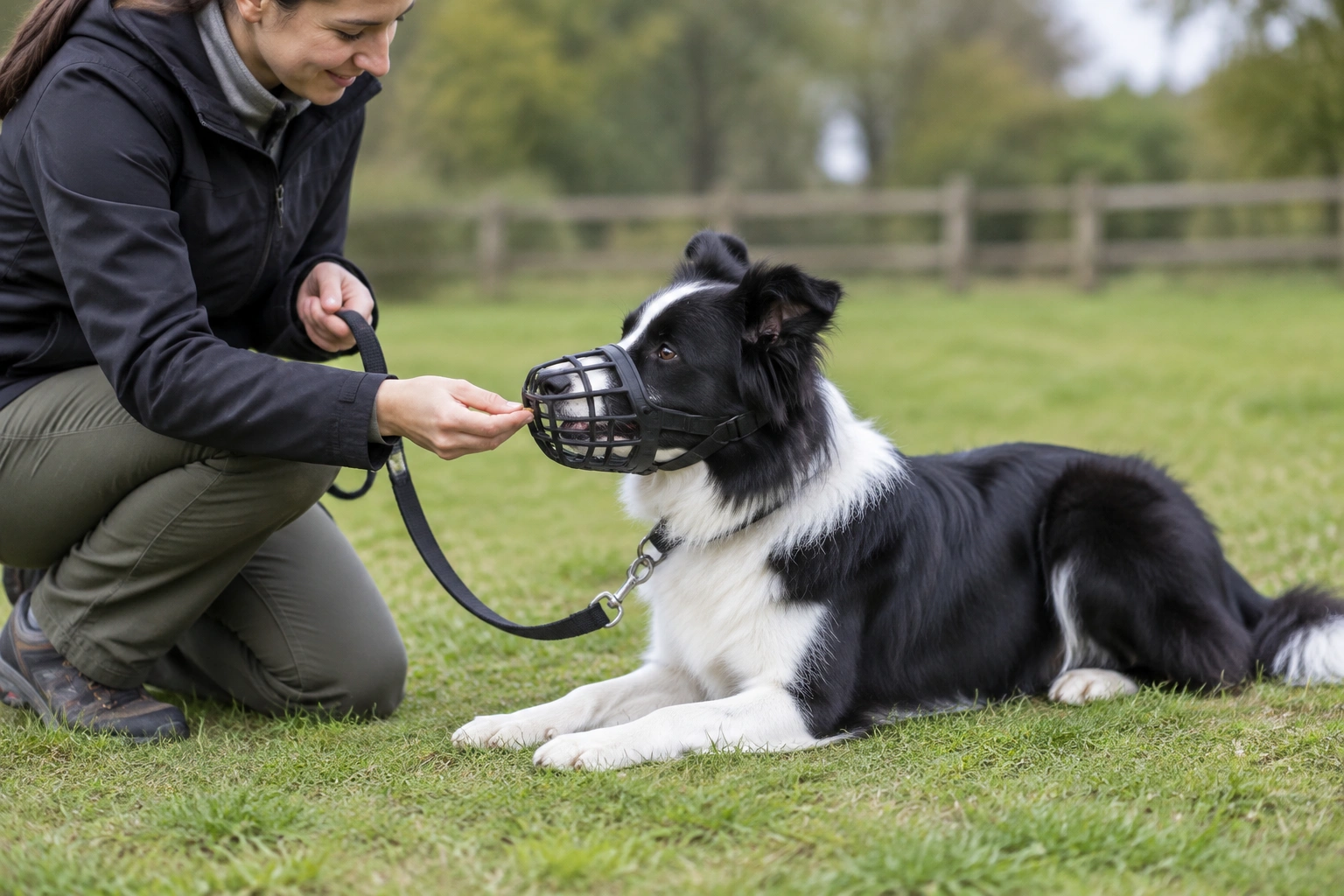 Border Collie wearing a muzzle calmly on leash