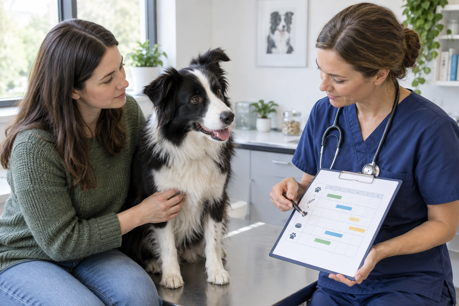 Border Collie owner discussing neutering age with a veterinarian