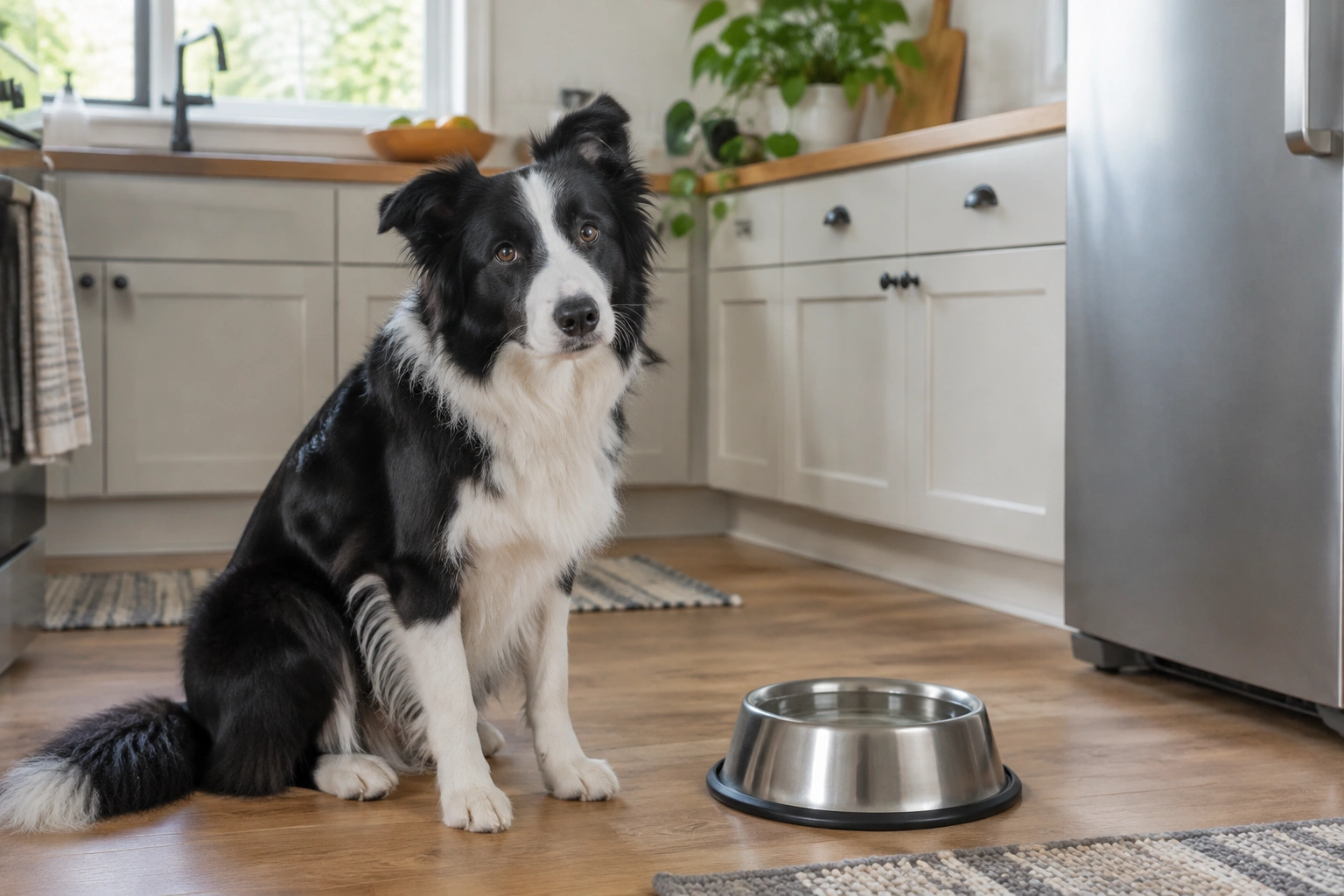 Border Collie standing near a water bowl